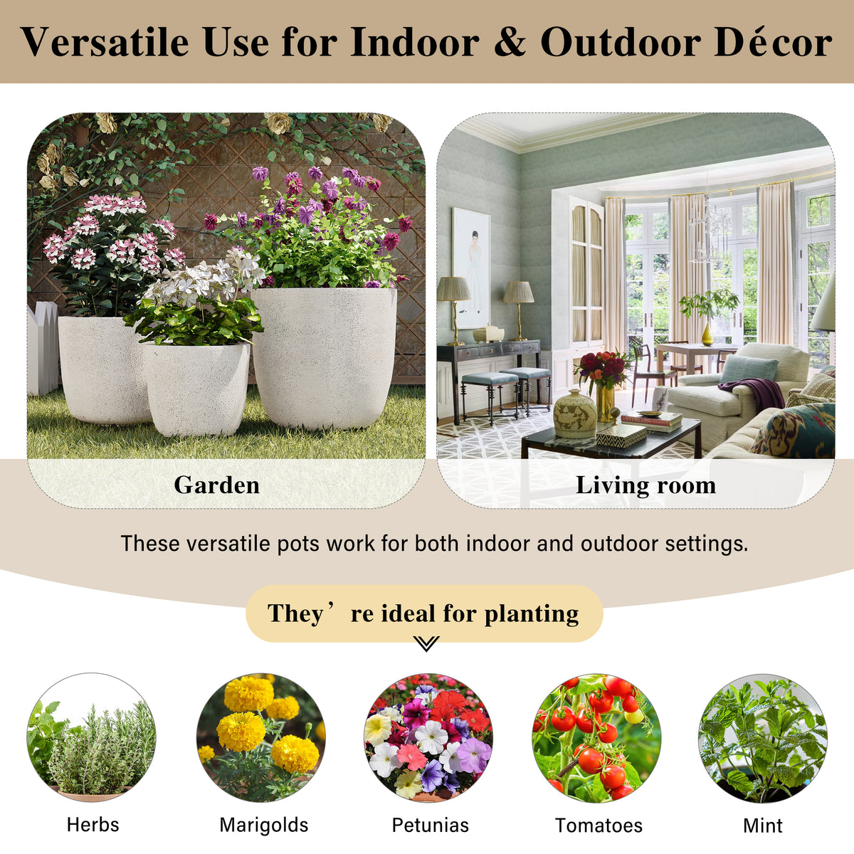 AEELLEEA Set of 3 MGO Planters, 16.9/14/11.2 in Round Indoor Outdoor Flower Pots with Drainage Holes, Stackable, White