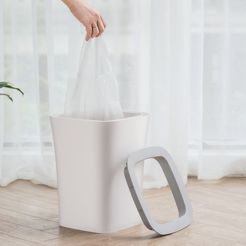 White Open-Top Rectangular Plastic Trash Can, Slim Space-Saving Waste Bin with Garbage Bag Fixing Rim, Modern Waste Container for Kitchen, Bathroom, Bedroom & Office