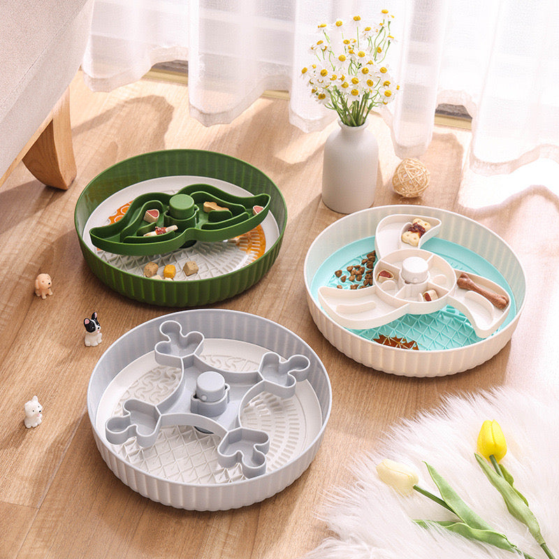 Spinning Mustache Puzzle Slow Feeder Dog Bowl, 3-Part Design Slows Eating 15X, Dishwasher Safe Multi-Color Pet Feeding Bowl