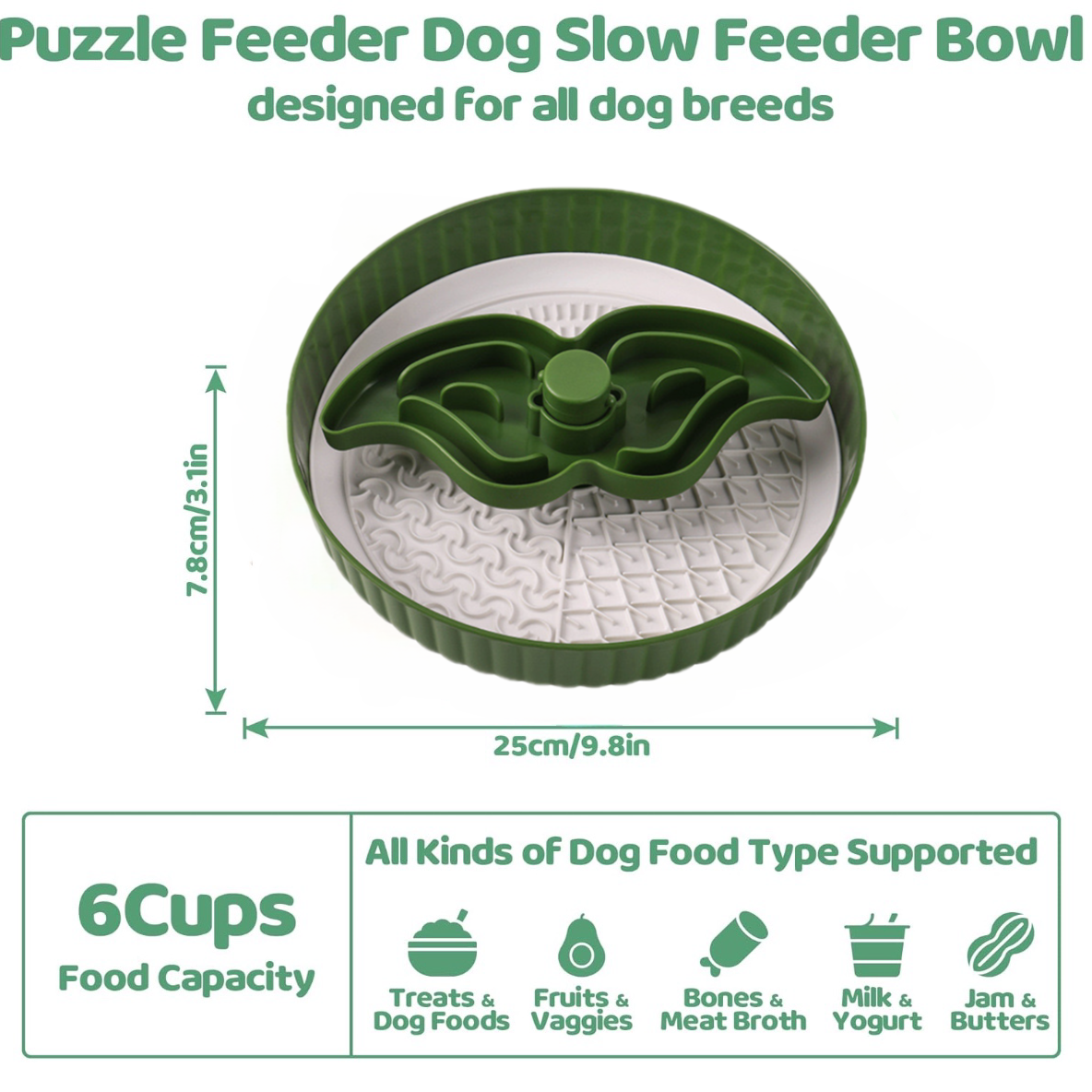 Spinning Mustache Puzzle Slow Feeder Dog Bowl, 3-Part Design Slows Eating 15X, Dishwasher Safe Multi-Color Pet Feeding Bowl
