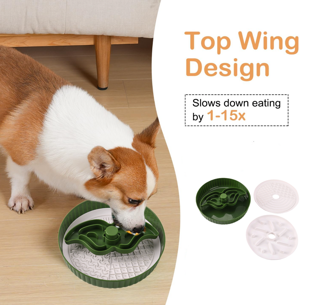 Spinning Mustache Puzzle Slow Feeder Dog Bowl, 3-Part Design Slows Eating 15X, Dishwasher Safe Multi-Color Pet Feeding Bowl