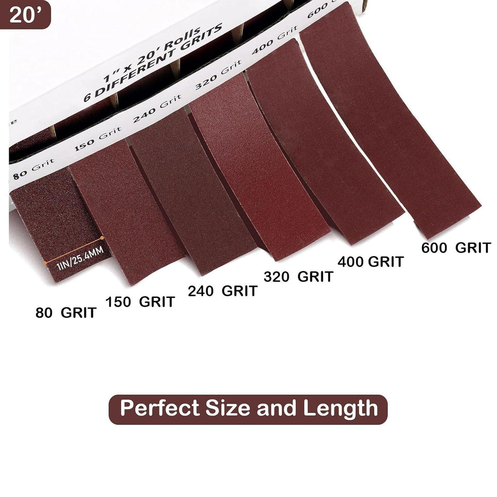 Emery Cloth Sandpaper Roll with Dispenser, 1" x 20' Rolls 6 Assorted Grit Wet Dry Sand Sheets for Metal Automotive Furniture Wood Polishing