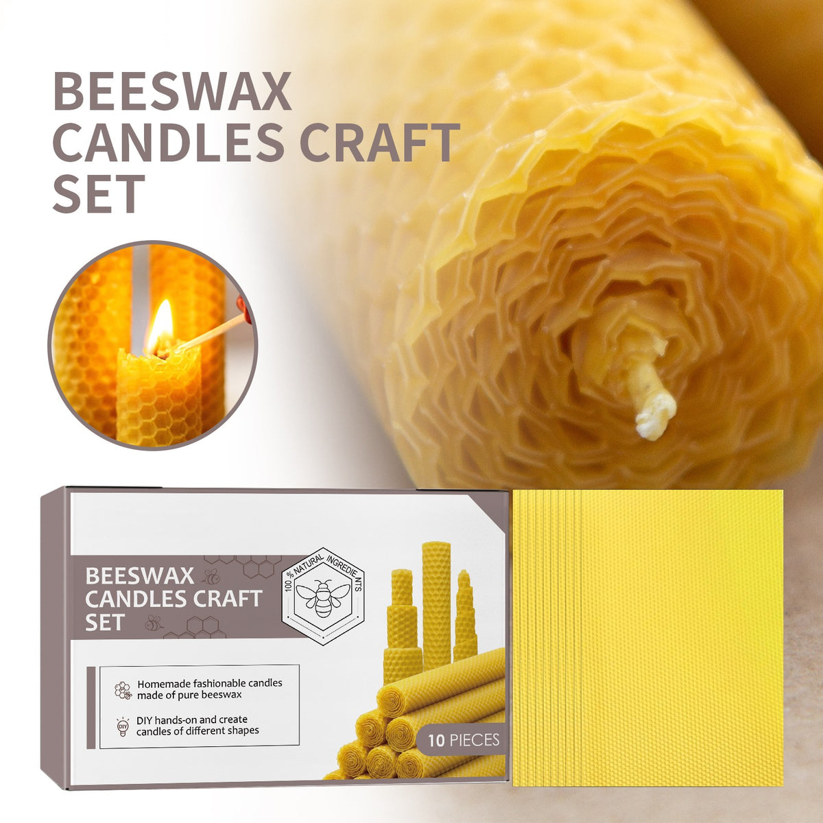 Beeswax Candle Making Kit, 10 Sheets Natural Pure Beeswax Honeycomb Sheets for DIY Rolled Candles, Craft Gift for Adults Kids