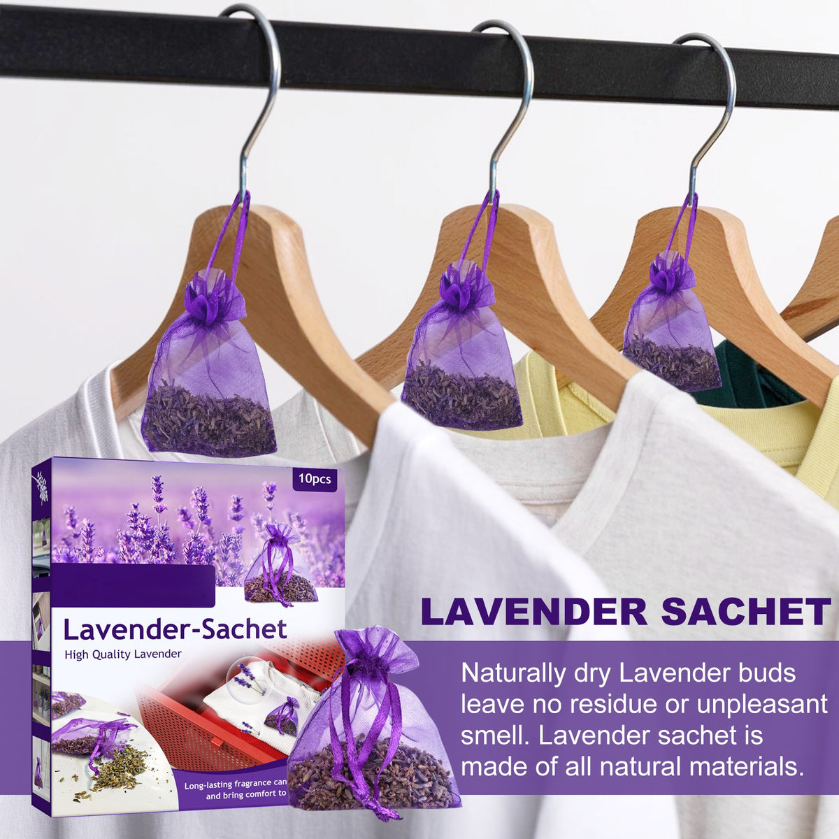 Lavender Sachets, 10 Pack Dried Lavender Bags for Closet Drawer Car, Natural Lavender Scent Sachets Drawer Fresheners