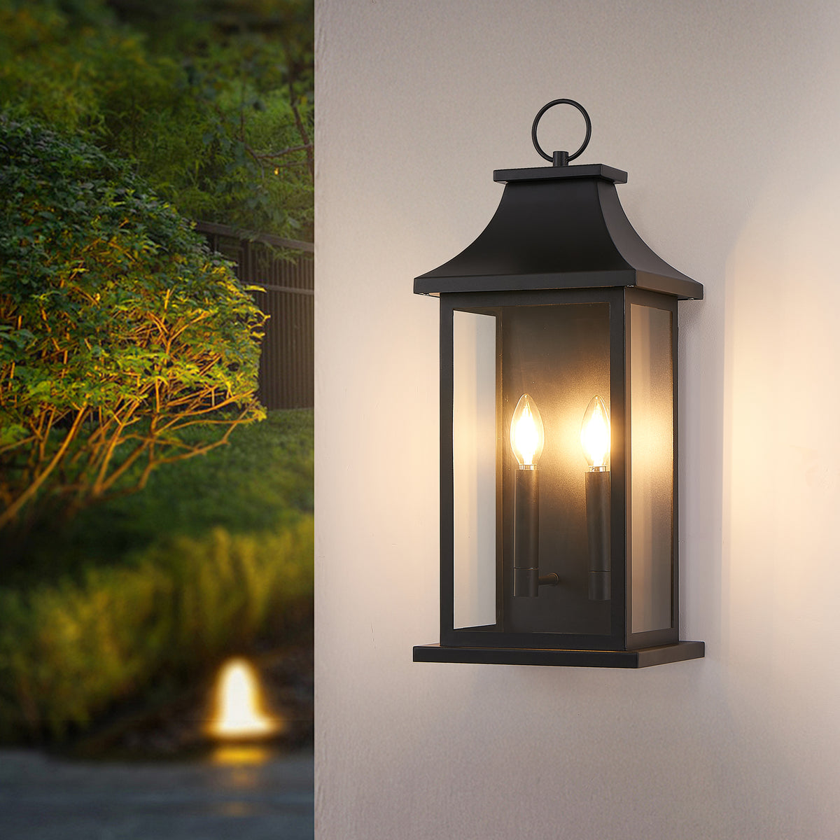 1 Pack Black Outdoor Wall Lantern, Vintage Metal Frame Clear Glass Wall Sconce, 2-Light Hardwired Exterior Wall Light Fixture