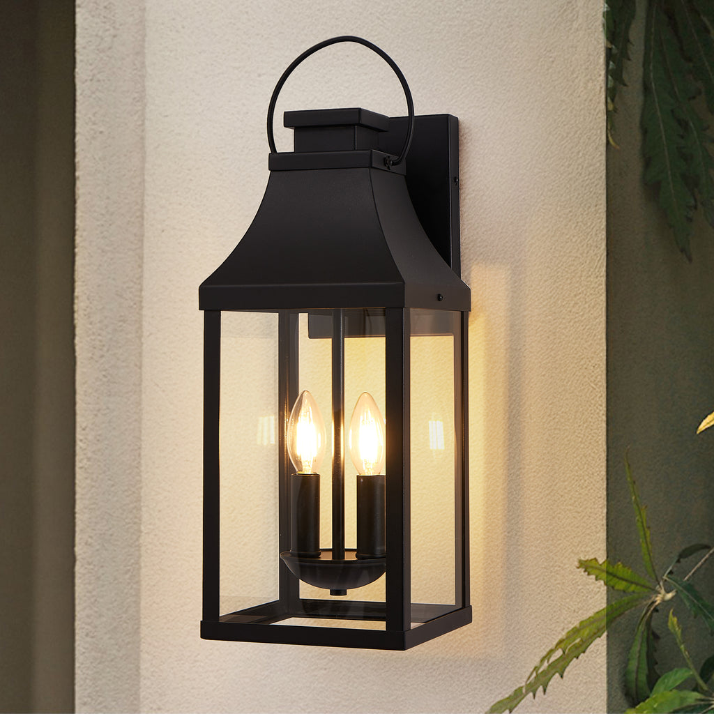 1 Pack Black Outdoor Wall Lantern, Vintage Metal Frame Clear Glass Wall Sconce, 2-Light Hardwired Exterior Wall Light
