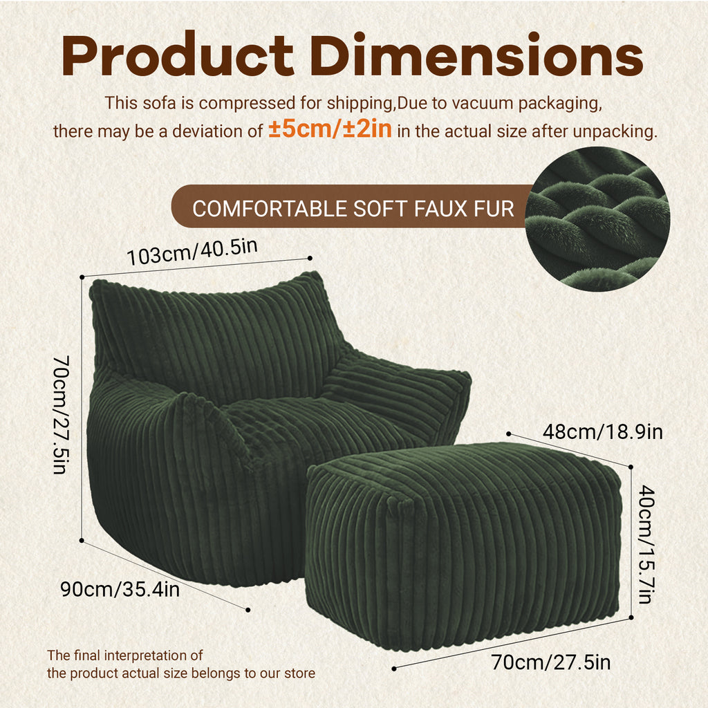 AEELLEEA Green Striped Plush Faux Fur Bean Bag Chair with Ottoman, Crushed Sponge Lazy Sofa for Living Room Bedroom Accent Decor