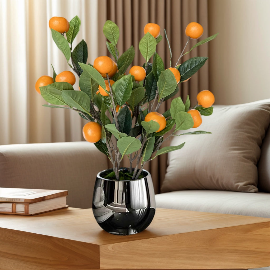 19 Inch Artificial Orange Tree Potted Plant, Realistic Faux Citrus Branches with Orange Fruits, Pre-Potted in Silver Metallic Planter for Indoor Tabletop Home Decor