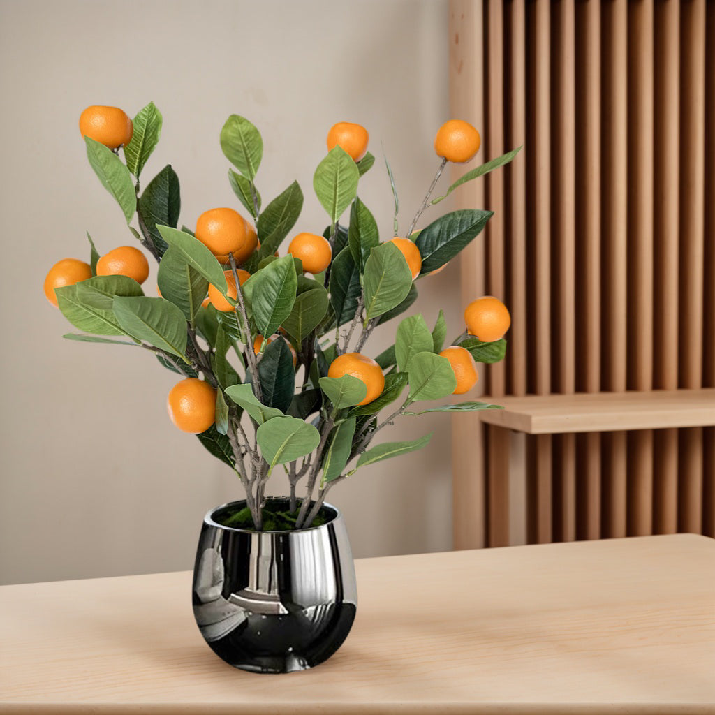 19 Inch Artificial Orange Tree Potted Plant, Realistic Faux Citrus Branches with Orange Fruits, Pre-Potted in Silver Metallic Planter for Indoor Tabletop Home Decor
