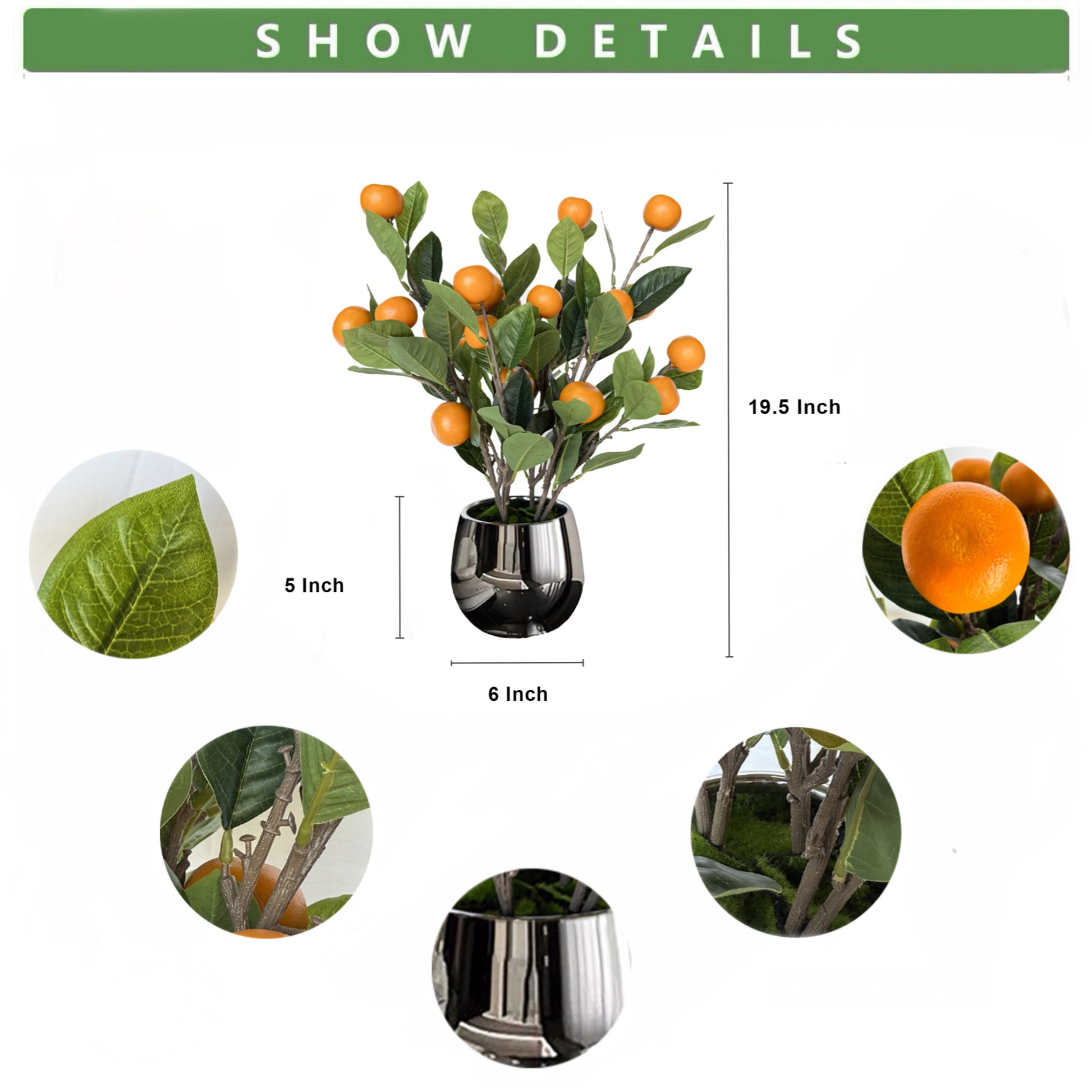 19 Inch Artificial Orange Tree Potted Plant, Realistic Faux Citrus Branches with Orange Fruits, Pre-Potted in Silver Metallic Planter for Indoor Tabletop Home Decor