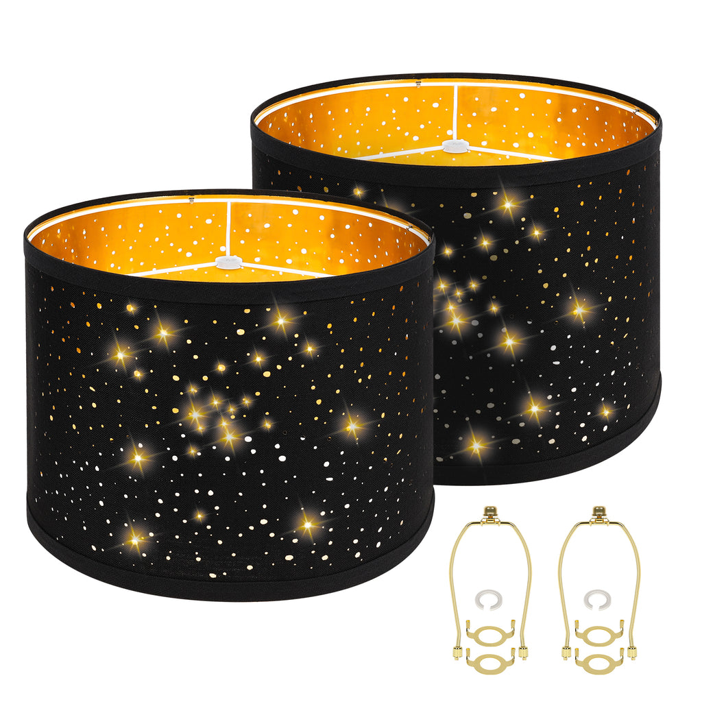 Set of 2 Starry Sky Drum Lamp Shades, Black Linen with Gold Interior, 13" x 13" x 10", Spider Fitter with 8" Harps for Table & Floor Lamps