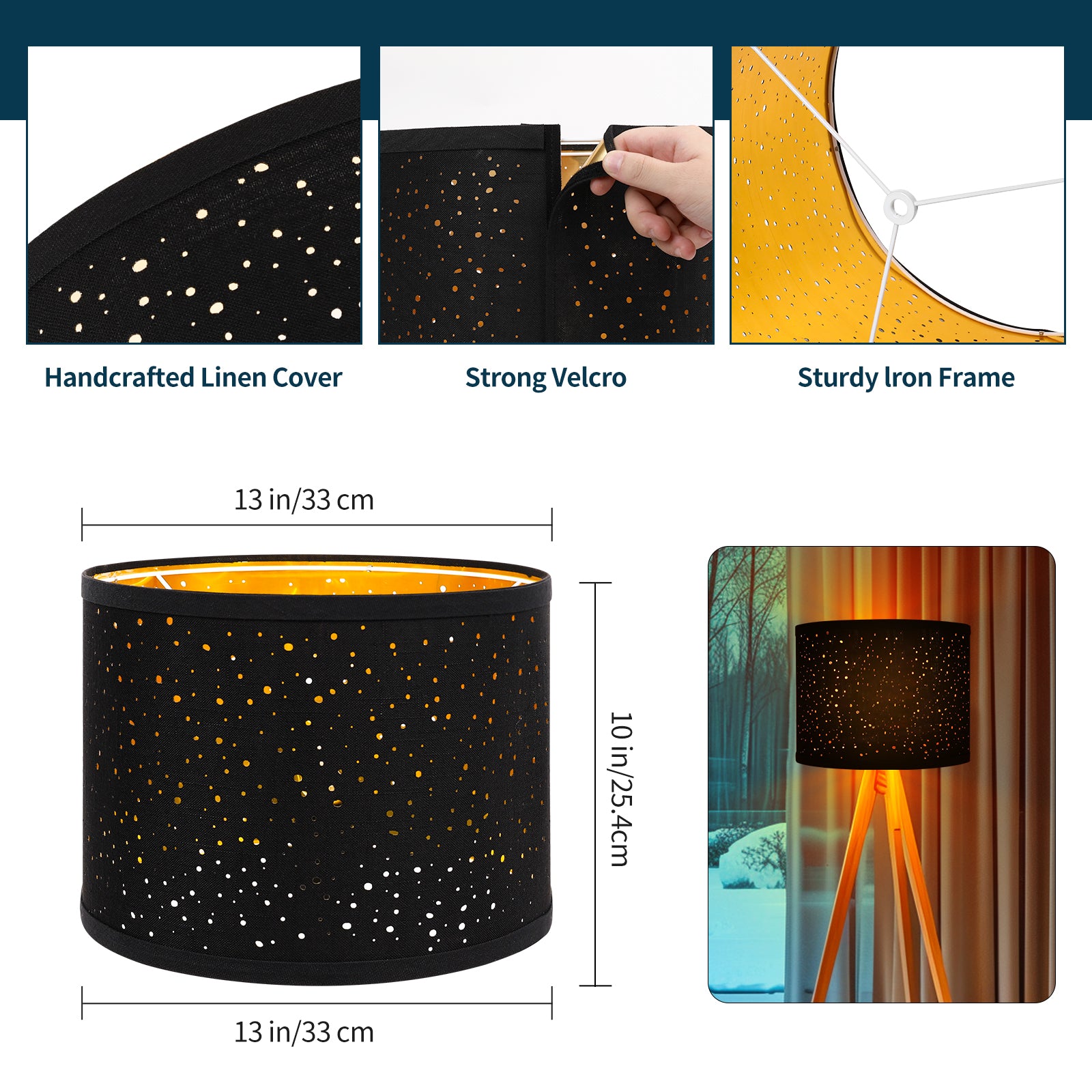 Set of 2 Starry Sky Drum Lamp Shades, Black Linen with Gold Interior, 13" x 13" x 10", Spider Fitter with 8" Harps for Table & Floor Lamps