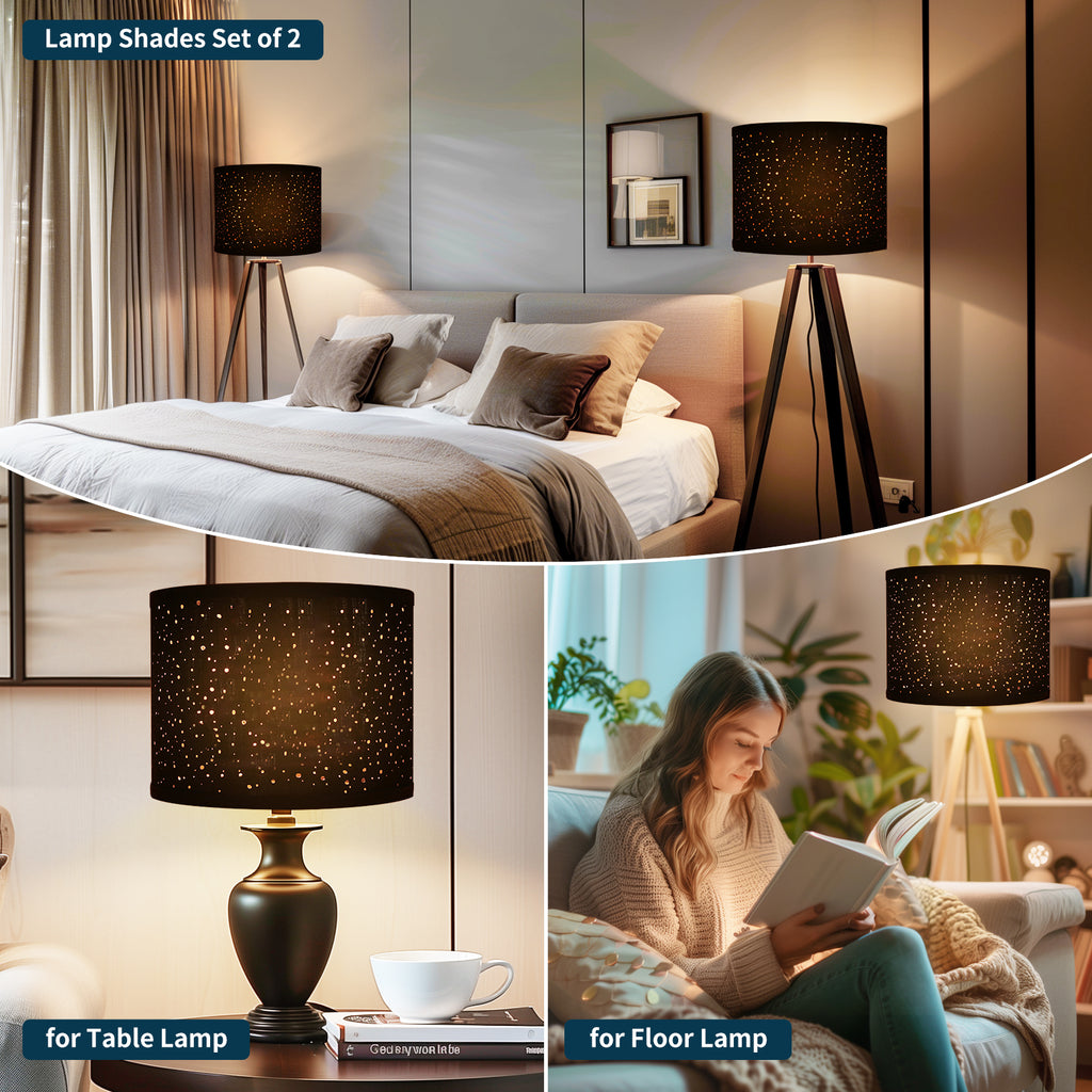 Set of 2 Starry Sky Drum Lamp Shades, Black Linen with Gold Interior, 13" x 13" x 10", Spider Fitter with 8" Harps for Table & Floor Lamps