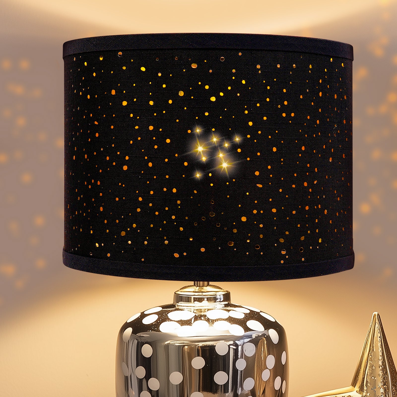 Set of 2 Starry Sky Drum Lamp Shades, Black Linen with Gold Interior, 13" x 13" x 10", Spider Fitter with 8" Harps for Table & Floor Lamps