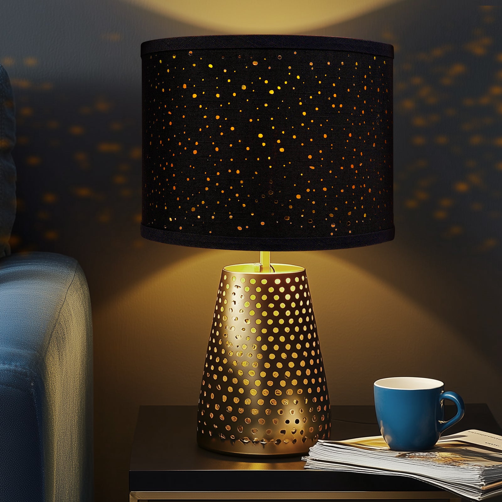Set of 2 Starry Sky Drum Lamp Shades, Black Linen with Gold Interior, 13" x 13" x 10", Spider Fitter with 8" Harps for Table & Floor Lamps