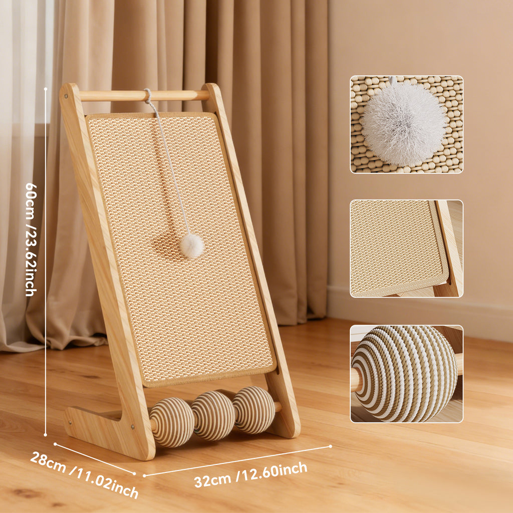 Cat Scratcher for Indoor Cats, L-Shaped Cat Scratching Board and Ramp, Solid Wood Scratch Pad with Hanging Ball and 3 Play Balls