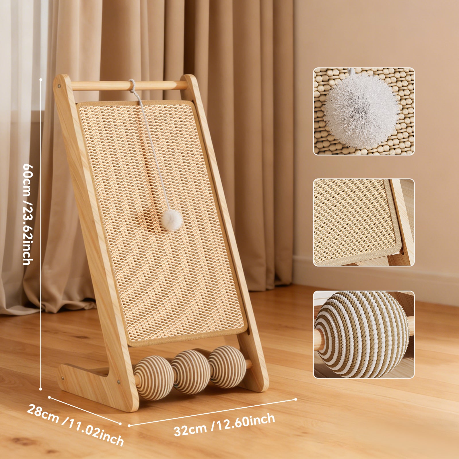 Cat Scratcher for Indoor Cats, L-Shaped Cat Scratching Board and Ramp, Solid Wood Scratch Pad with Hanging Ball and 3 Play Balls