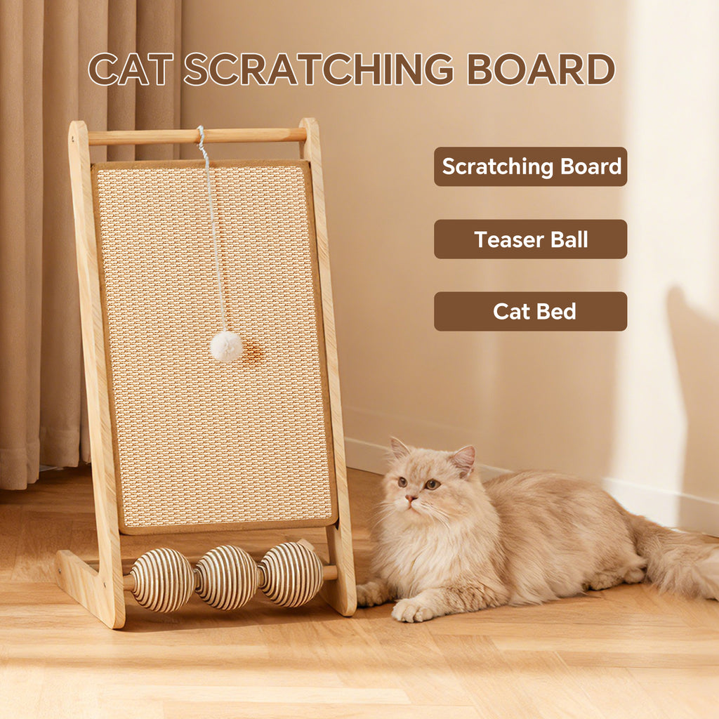 Cat Scratcher for Indoor Cats, L-Shaped Cat Scratching Board and Ramp, Solid Wood Scratch Pad with Hanging Ball and 3 Play Balls
