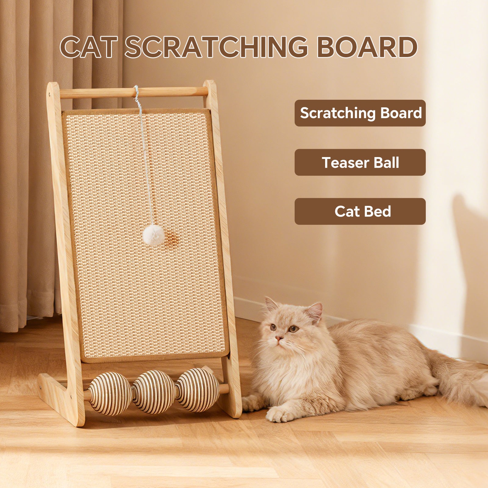 Cat Scratcher for Indoor Cats, L-Shaped Cat Scratching Board and Ramp, Solid Wood Scratch Pad with Hanging Ball and 3 Play Balls
