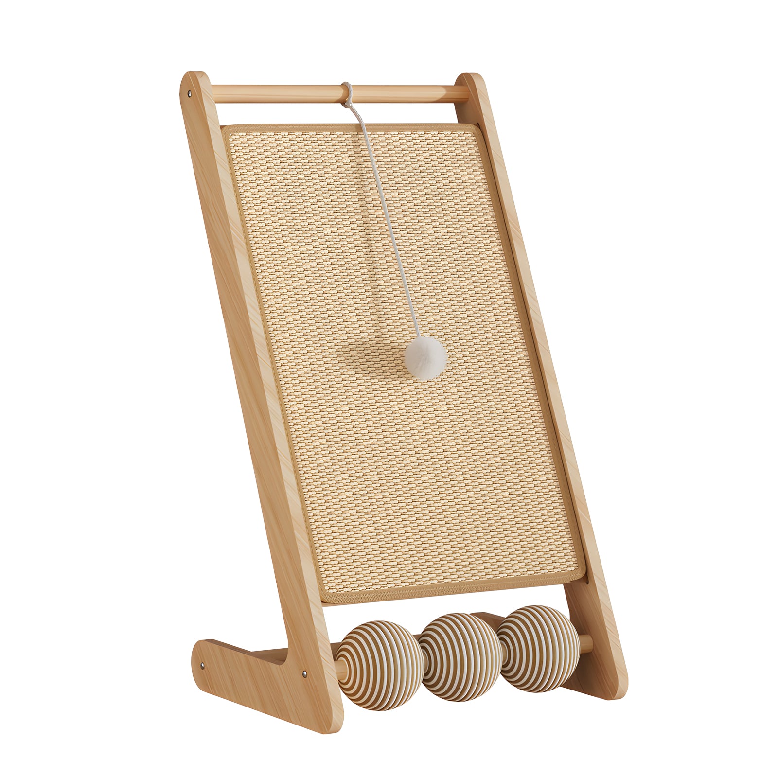 Cat Scratcher for Indoor Cats, L-Shaped Cat Scratching Board and Ramp, Solid Wood Scratch Pad with Hanging Ball and 3 Play Balls