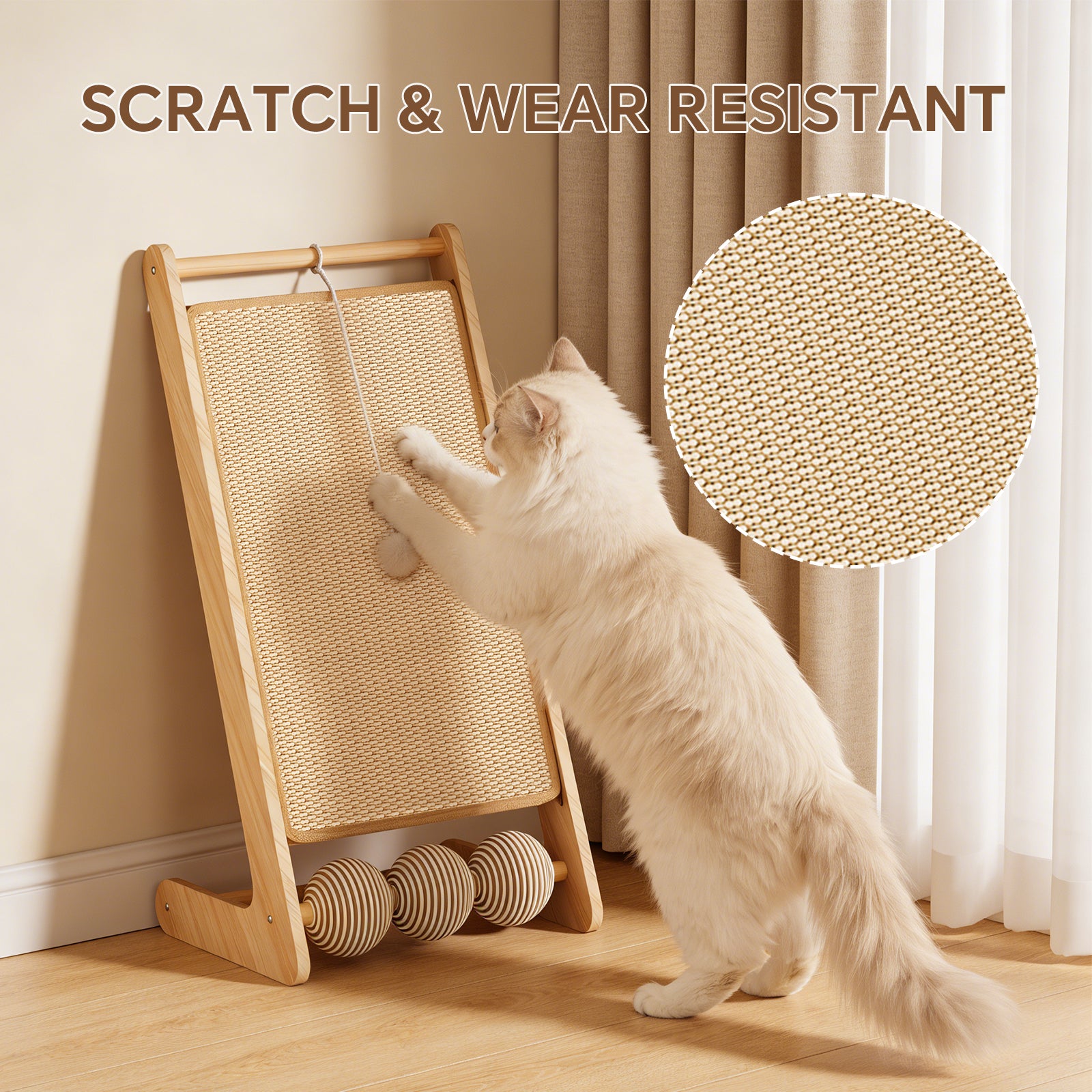 Cat Scratcher for Indoor Cats, L-Shaped Cat Scratching Board and Ramp, Solid Wood Scratch Pad with Hanging Ball and 3 Play Balls