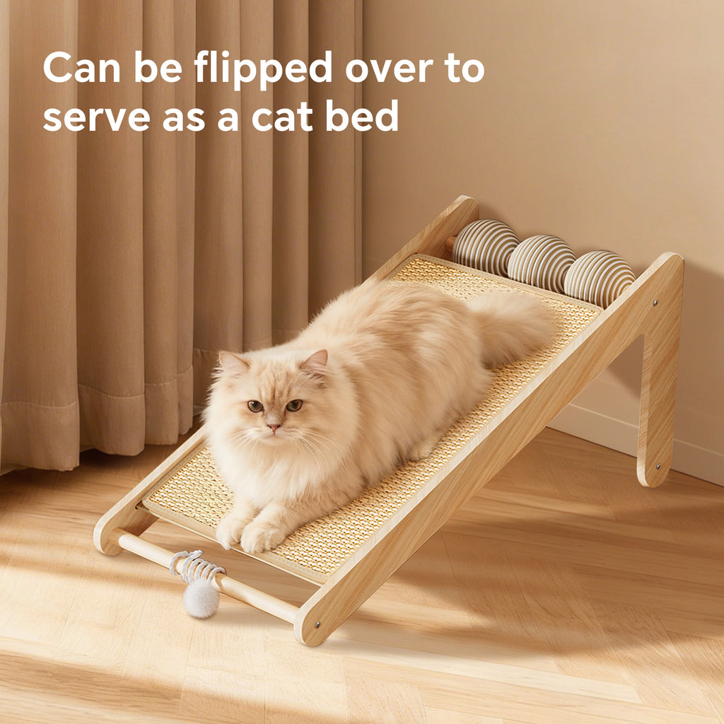 Cat Scratcher for Indoor Cats, L-Shaped Cat Scratching Board and Ramp, Solid Wood Scratch Pad with Hanging Ball and 3 Play Balls