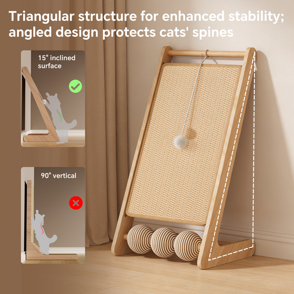 Cat Scratcher for Indoor Cats, L-Shaped Cat Scratching Board and Ramp, Solid Wood Scratch Pad with Hanging Ball and 3 Play Balls