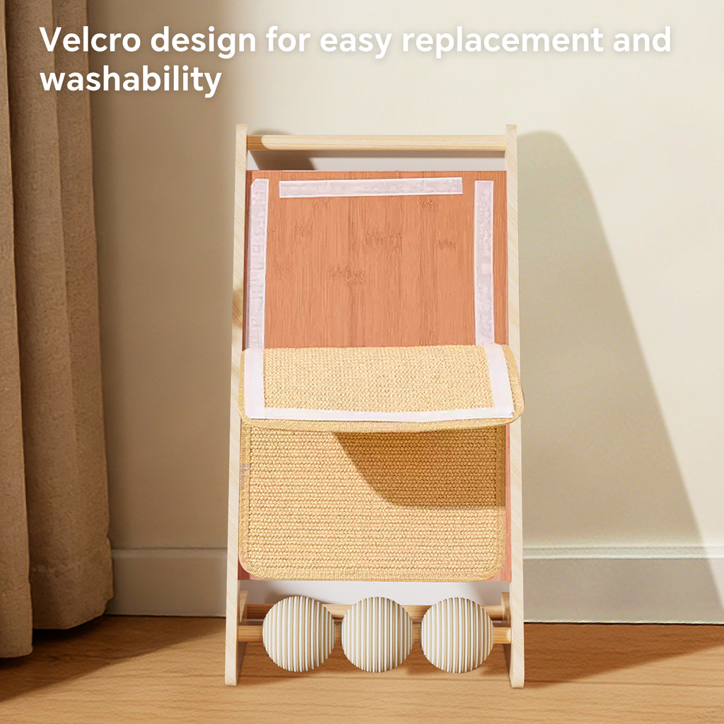 Cat Scratcher for Indoor Cats, L-Shaped Cat Scratching Board and Ramp, Solid Wood Scratch Pad with Hanging Ball and 3 Play Balls