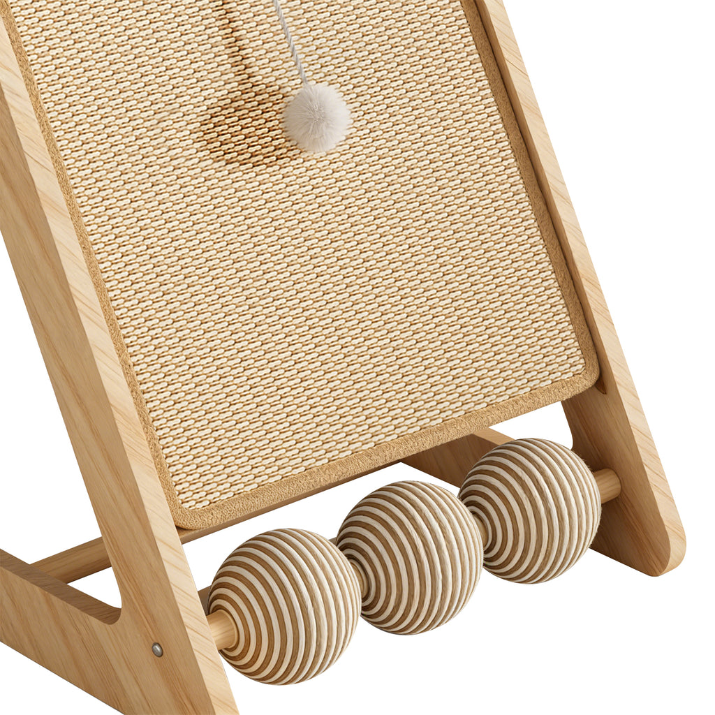 Cat Scratcher for Indoor Cats, L-Shaped Cat Scratching Board and Ramp, Solid Wood Scratch Pad with Hanging Ball and 3 Play Balls