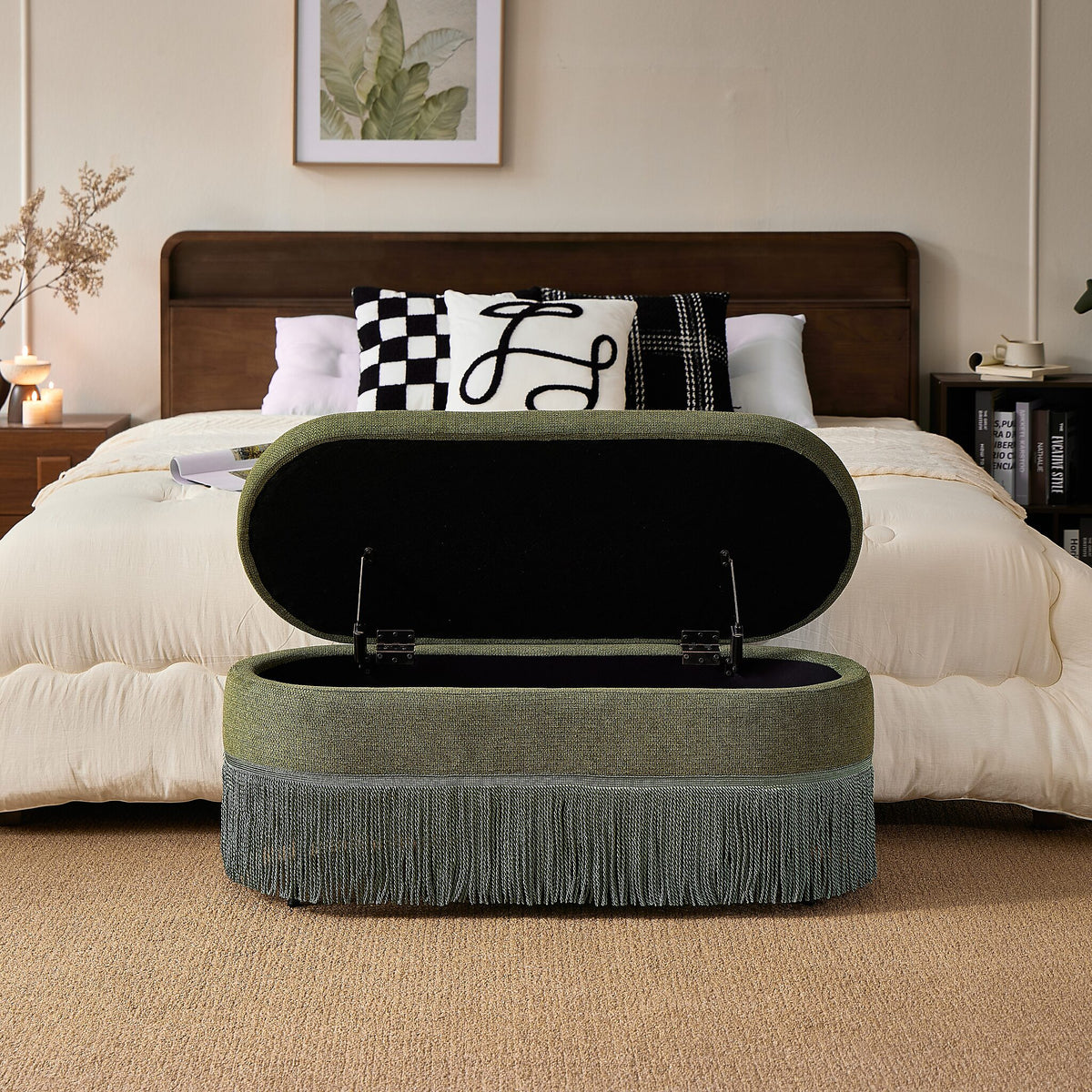 AEELLEEA Green Oval Storage Ottoman with Lift-Top Lid, Fringe Trim, Upholstered Footrest Bench for Bedroom & Living Room, 39.4 in