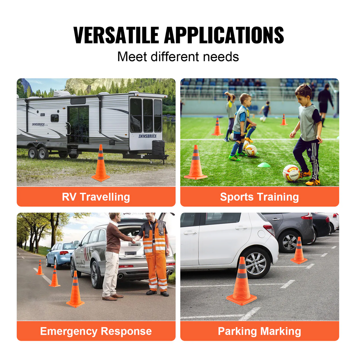 Collapsible Traffic Cones 28 Inch, 4 Pack Safety Cones with Reflective Collars & Storage Bag