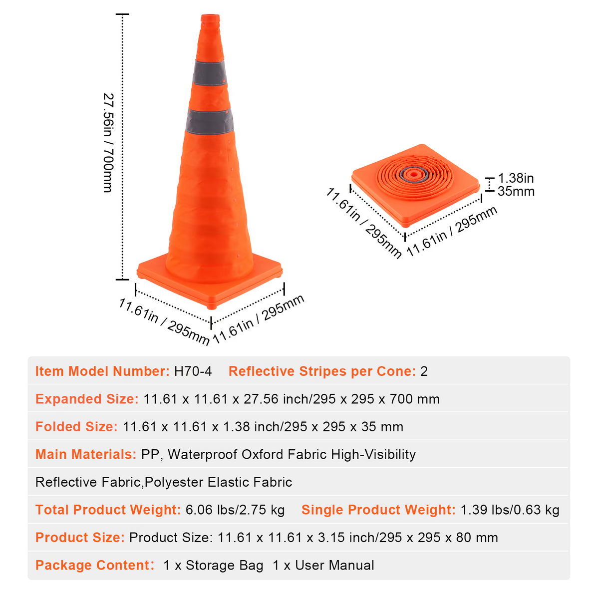 Collapsible Traffic Cones 28 Inch, 4 Pack Safety Cones with Reflective Collars & Storage Bag