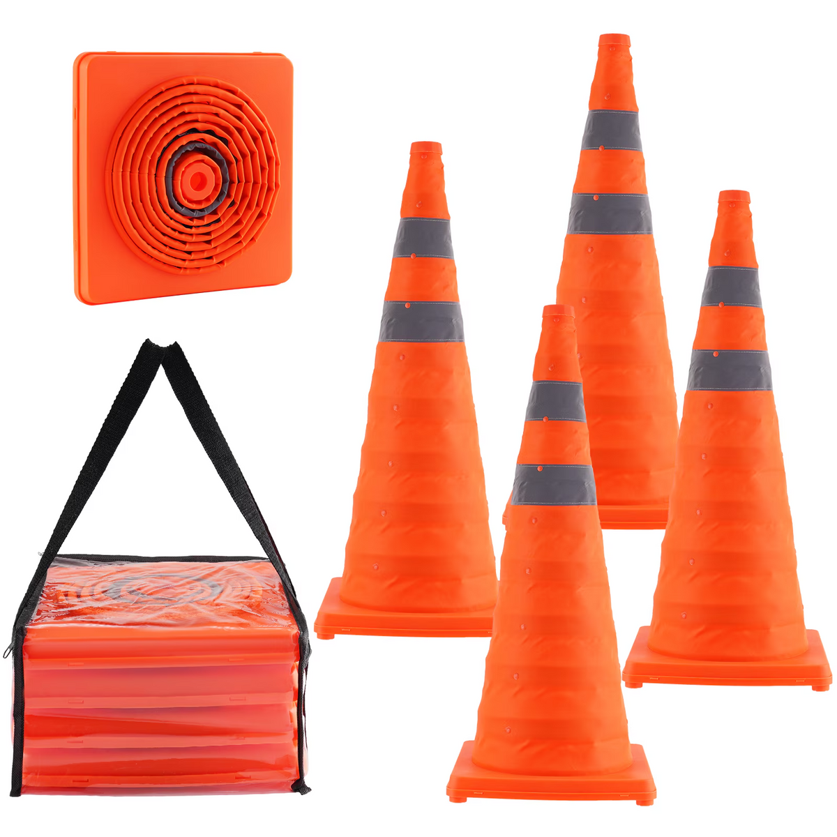 Collapsible Traffic Cones 28 Inch, 4 Pack Safety Cones with Reflective Collars & Storage Bag