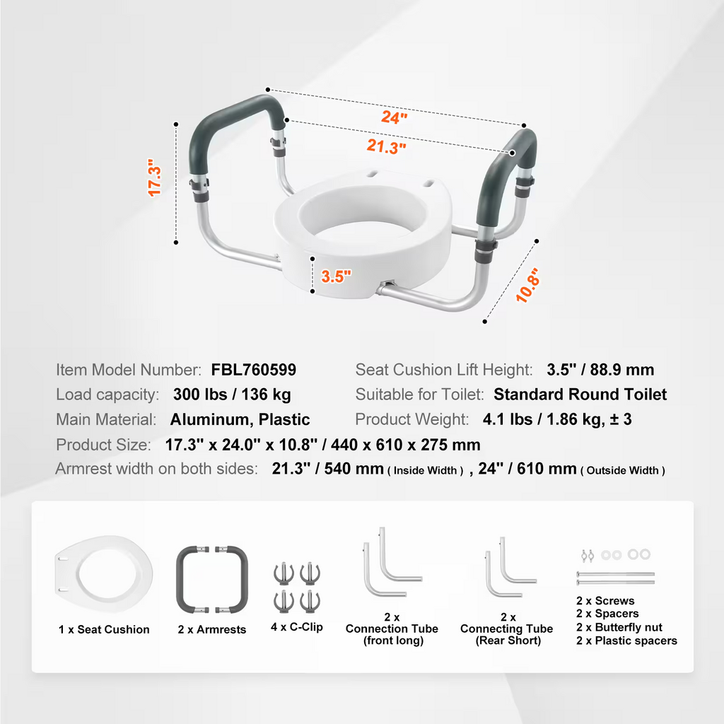 AEELLEEA-Raised Toilet Seat, 3.5 Inch Height, 300 lbs Capacity, Aluminum Handrail with EVA Padding, for Standard Round Toilets,Pregnant & Handicap