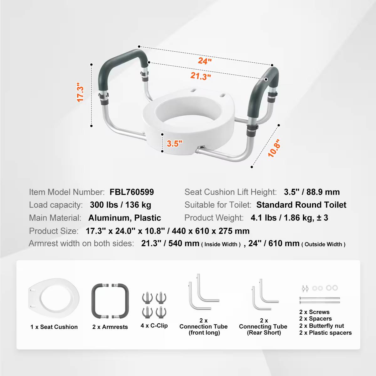 AEELLEEA-Raised Toilet Seat, 3.5 Inch Height, 300 lbs Capacity, Aluminum Handrail with EVA Padding, for Standard Round Toilets,Pregnant & Handicap