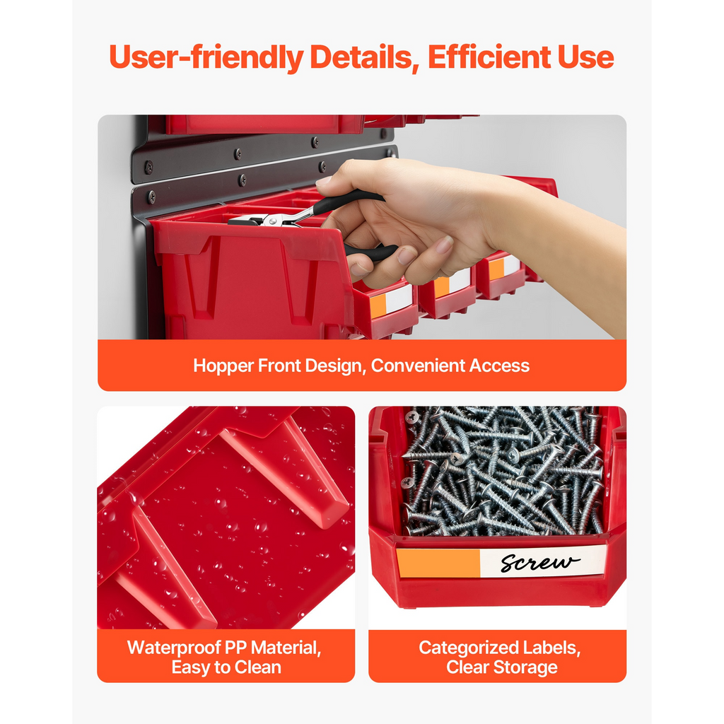 Wall Mounted Storage Bins, 12 Plastic Bins & 3 Metal Rails, Stackable Hardware Organizer for Screws, Nuts & Bolts, Red, Garage & Workshop