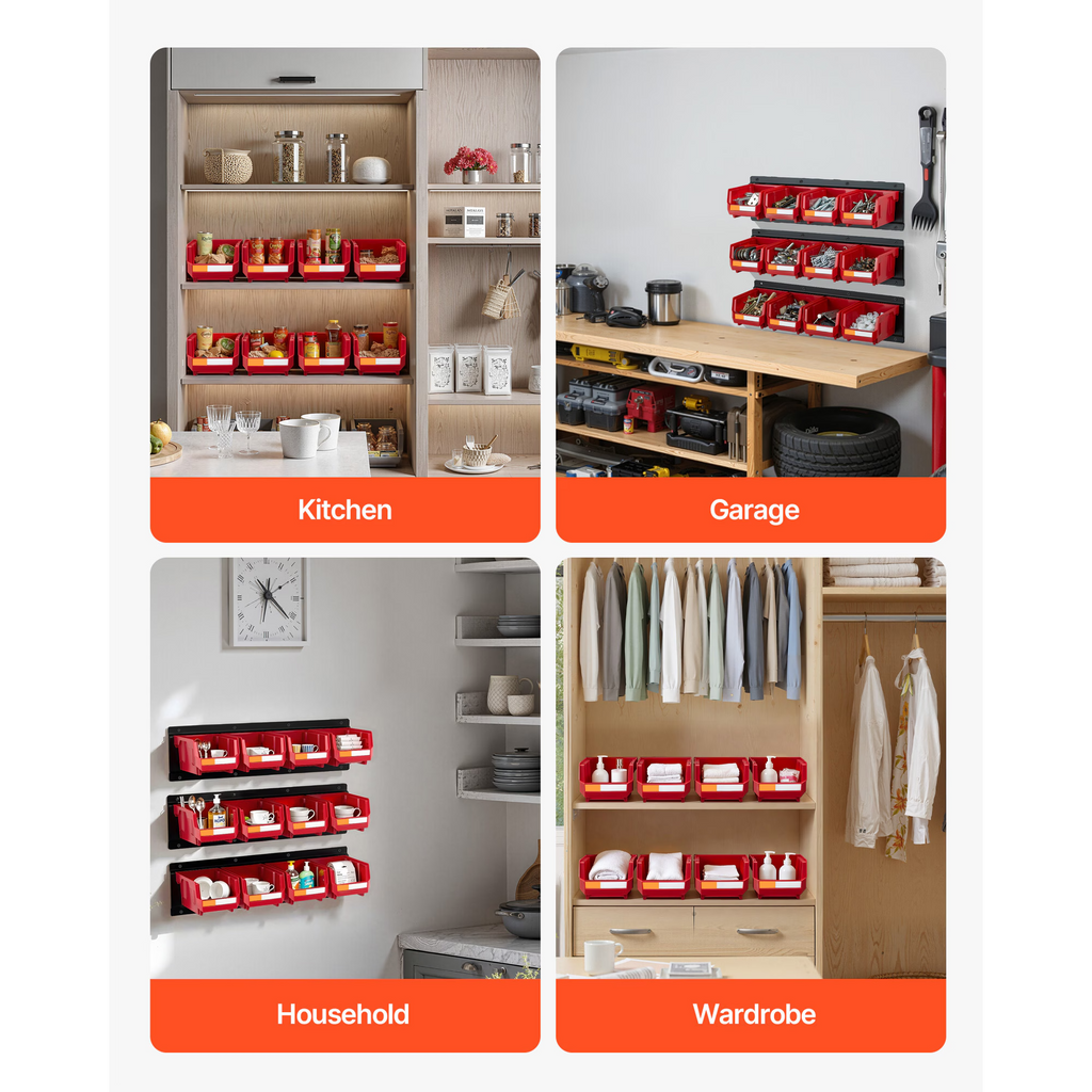 Wall Mounted Storage Bins, 12 Plastic Bins & 3 Metal Rails, Stackable Hardware Organizer for Screws, Nuts & Bolts, Red, Garage & Workshop