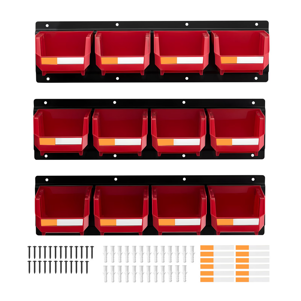 Wall Mounted Storage Bins, 12 Plastic Bins & 3 Metal Rails, Plastic Hanging Stackable Storage Bin for Screws, Nuts, Bolts,  Hardware Tool Organizer