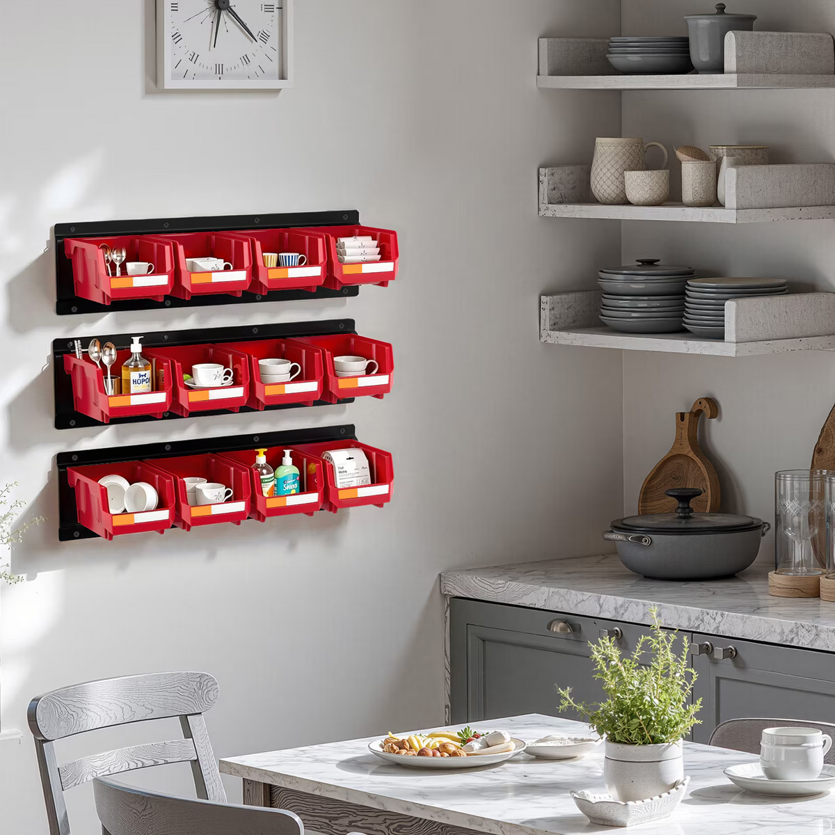 Wall Mounted Storage Bins, 12 Plastic Bins & 3 Metal Rails, Stackable Hardware Organizer for Screws, Nuts & Bolts, Red, Garage & Workshop