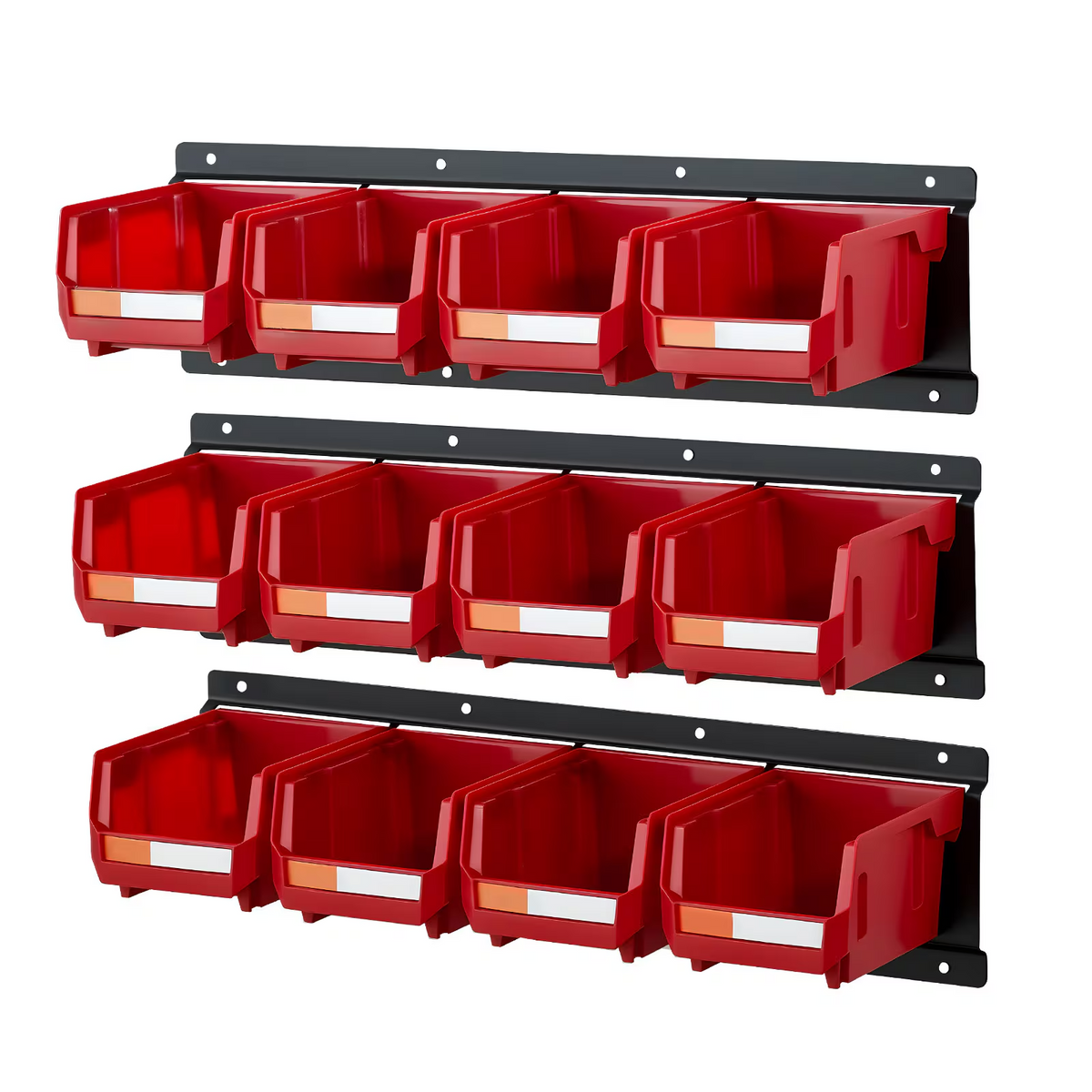 Wall Mounted Storage Bins, 12 Plastic Bins & 3 Metal Rails, Stackable Hardware Organizer for Screws, Nuts & Bolts, Red, Garage & Workshop