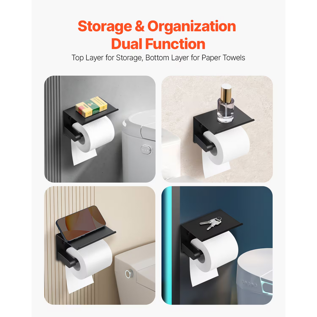 Wall Mounted Toilet Paper Holder with Shelf, Heavy Duty Bathroom Toilet Roll Holder for Mega Rolls, Rust Resistant Tissue Storage Rack for Bathroom Decor