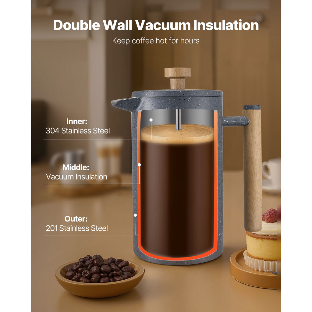 French Press Coffee Maker 34 oz, Stainless Steel Coffee & Tea Press, 8 Cup Manual Coffee Brewer with Plunger Filter