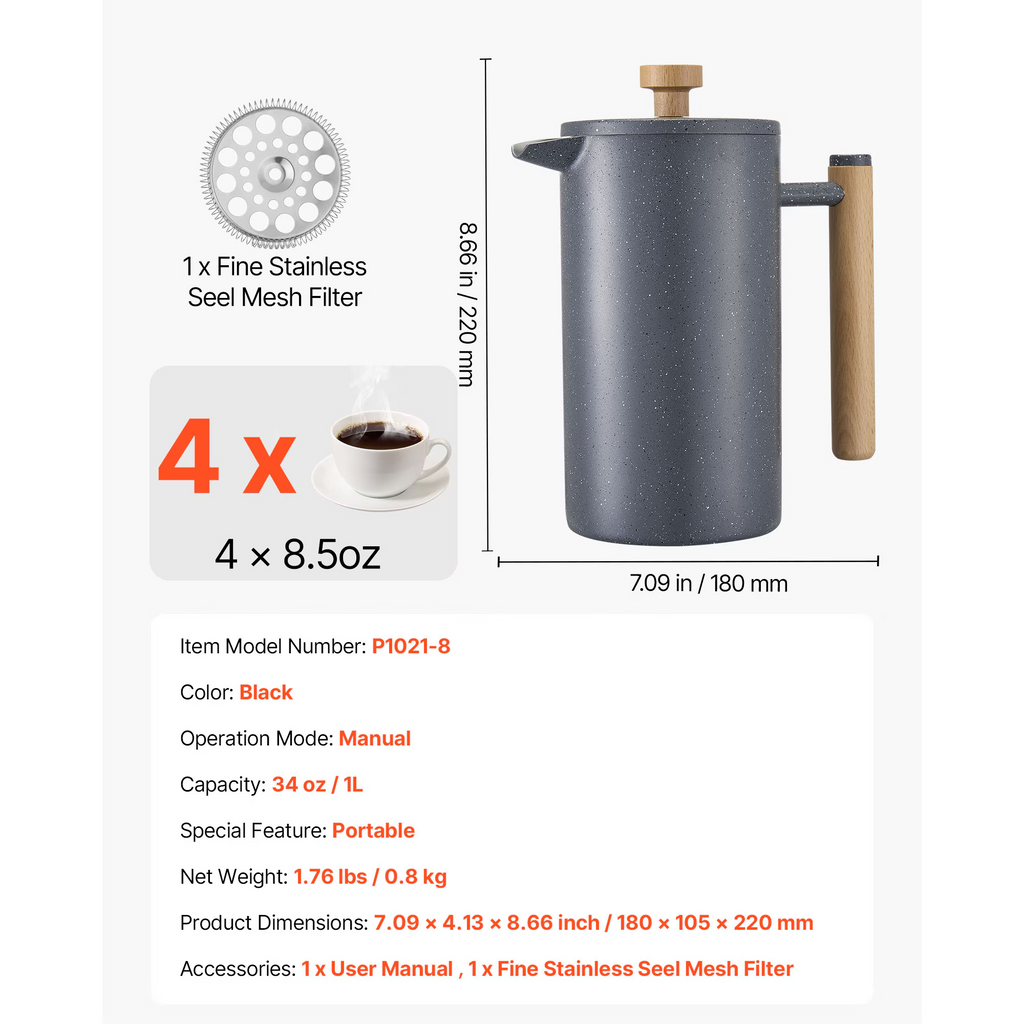French Press Coffee Maker 34 oz, Stainless Steel Coffee & Tea Press, 8 Cup Manual Coffee Brewer with Plunger Filter