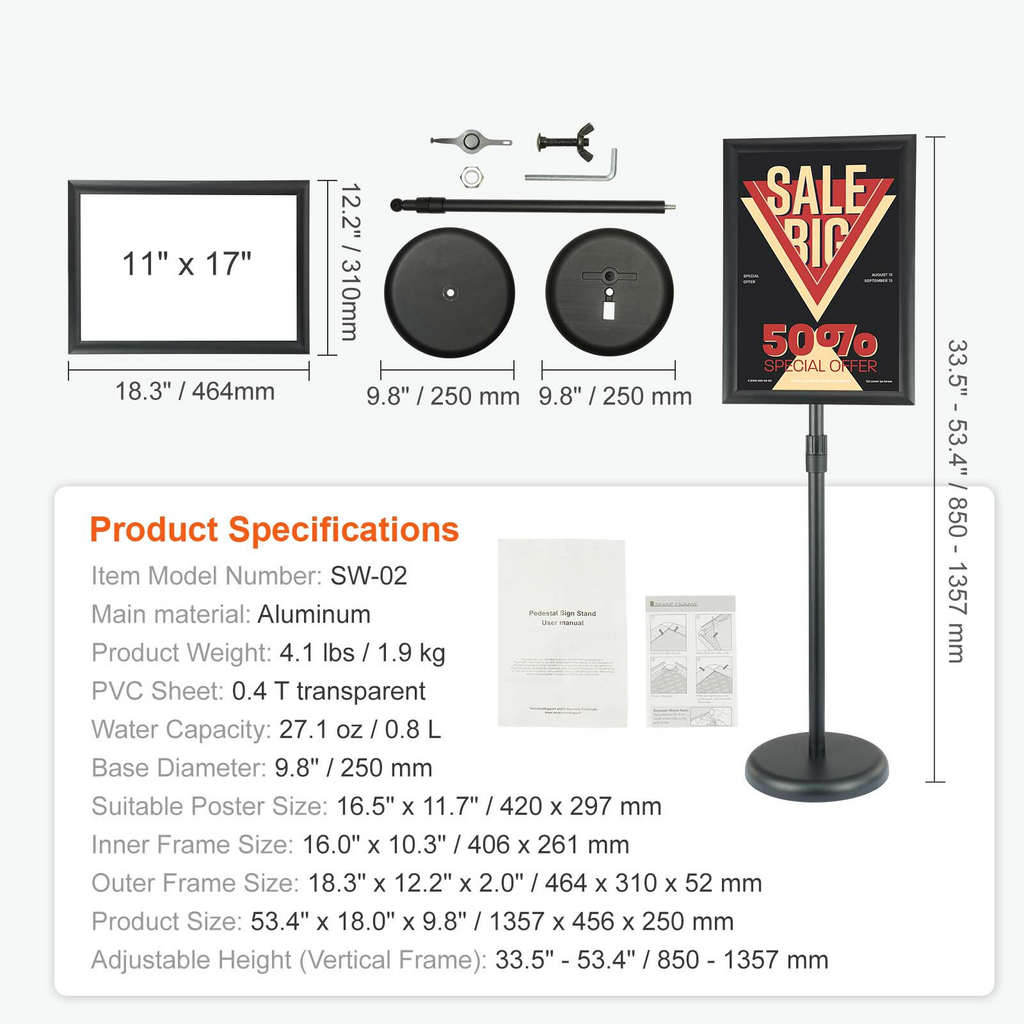 AEELLEEA-Floor Standing Sign Holder, Adjustable Pedestal Poster Stand with Round Base, Vertical & Horizontal Display for Business Advertisement