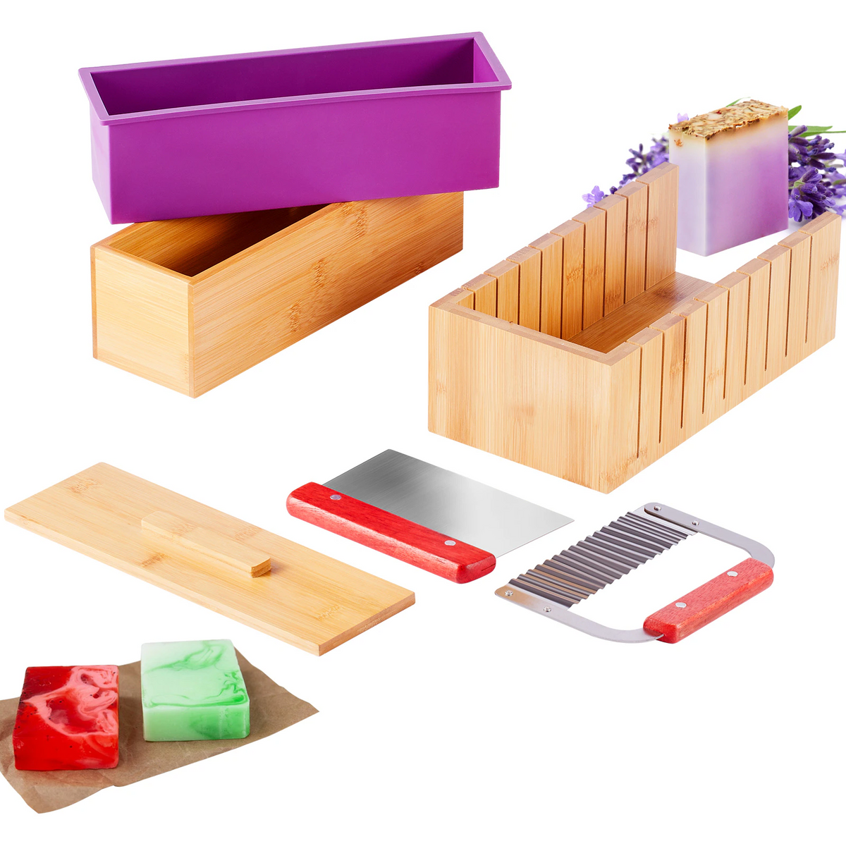 Soap Making Kit, Bamboo Cutting Box and Inner Box with Silicone Mold, Stainless Steel Straight Cutter and Wavy Cutter, Soap Making Supplies DIY Kits