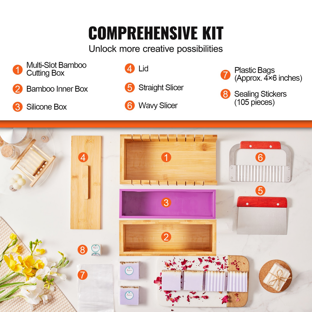 Soap Making Kit, Bamboo Cutting Box and Inner Box with Silicone Mold, Stainless Steel Straight Cutter and Wavy Cutter, Soap Making Supplies DIY Kits
