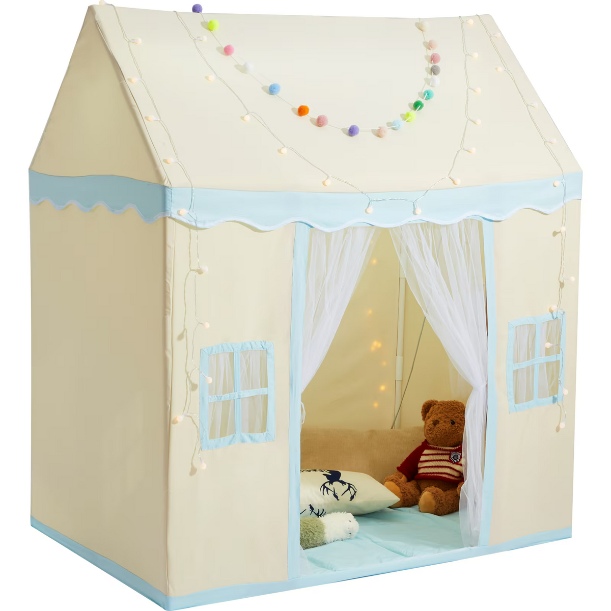 AEELLEEA-Kids Play Castle Tent, Indoor Outdoor Play House Tent with Mat, Window Design, Play Tent for Boys Girls, Beige