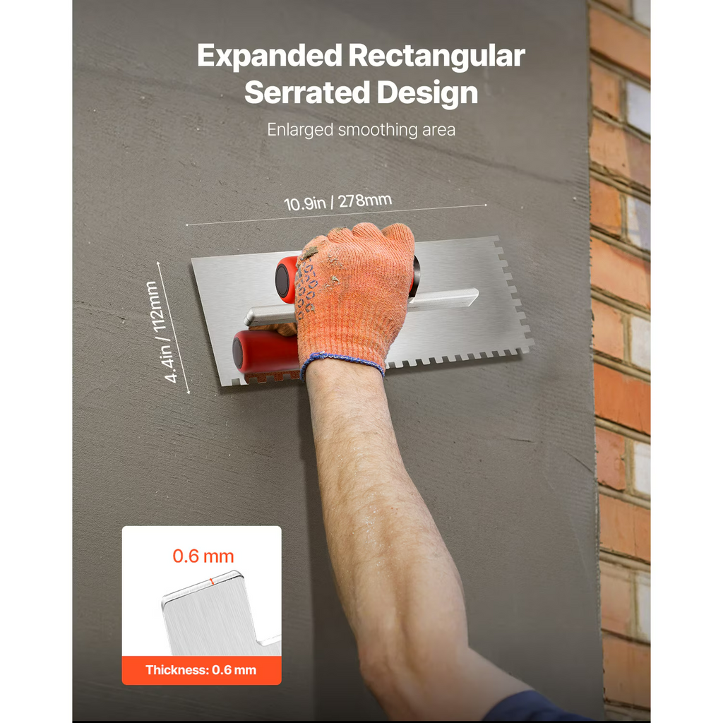 AEELLEEA-Stainless Steel Square Notched Tile Trowel 10.9x4.4in, Serrated Tiling Tool for Mortar and Adhesive Spreading