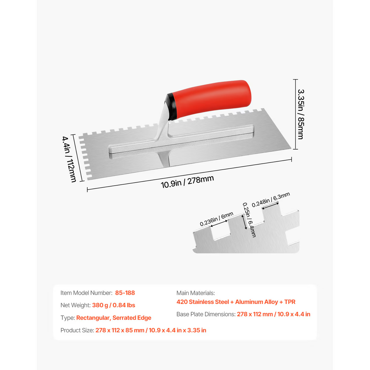 AEELLEEA-Stainless Steel Square Notched Tile Trowel 10.9x4.4in, Serrated Tiling Tool for Mortar and Adhesive Spreading