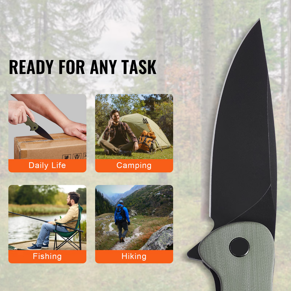 Folding Pocket Knife, 3.5 inch D2 Steel Blade Green G10 Handle EDC Knife with Pocket Clip, Portable Sharp Utility Knife for Camping Hiking Fishing Daily Use